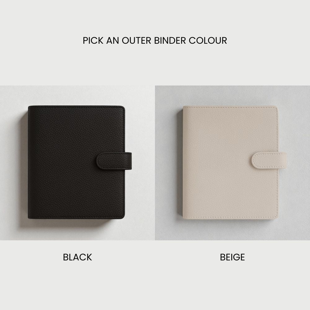 Two binders, one black and one beige, on a light gray background with text 'PICK AN OUTER BINDER COLOUR'.