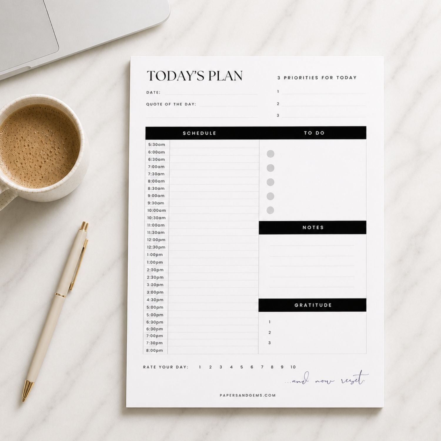 Daily planner pad with schedule and to-do list on a white surface with a cup of coffee and pen.