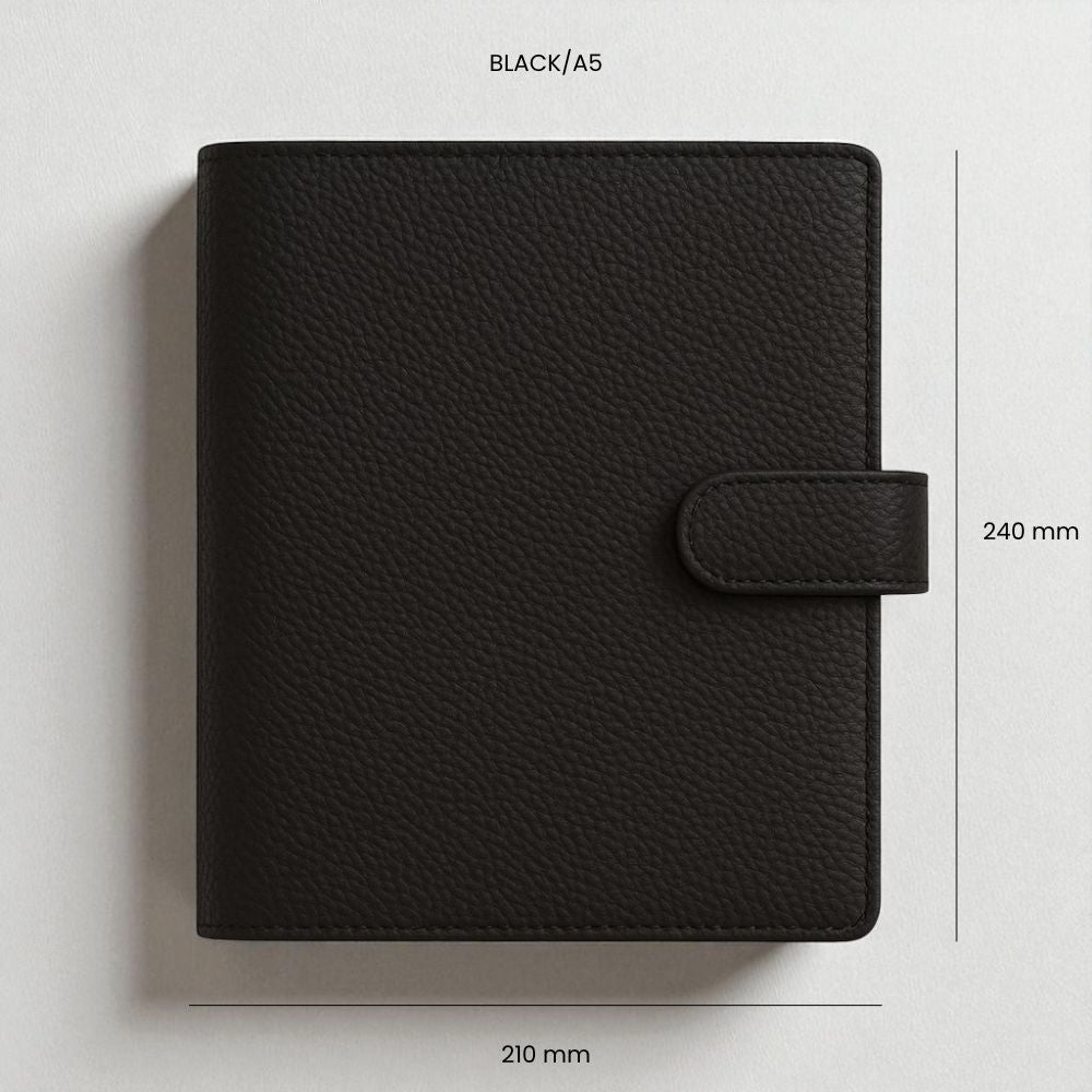 Black A5 textured vegan leather ringbinder cover with six gold rings with dimensions on a light gray background