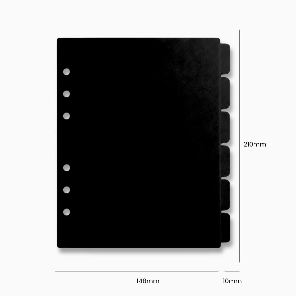 A set of 6 A5 black dividers with 6 holes, for use with an A5 Agenda binder, shown on a clean white background, shown with dimension markings indicating 148mm width, 210mm height, and 10mm tab thickness.