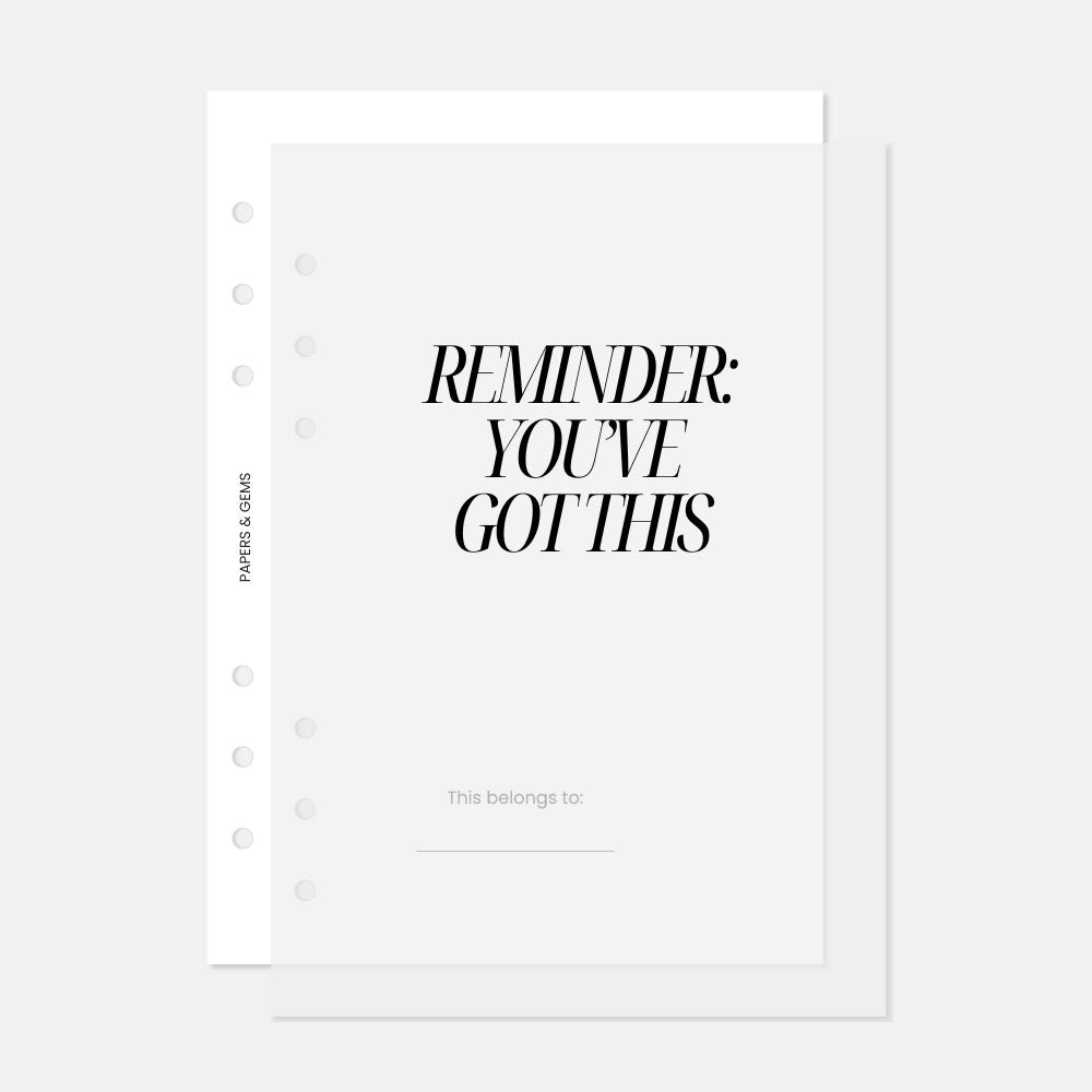 A5 Planner motivational dashboard with six punched holes on a white background