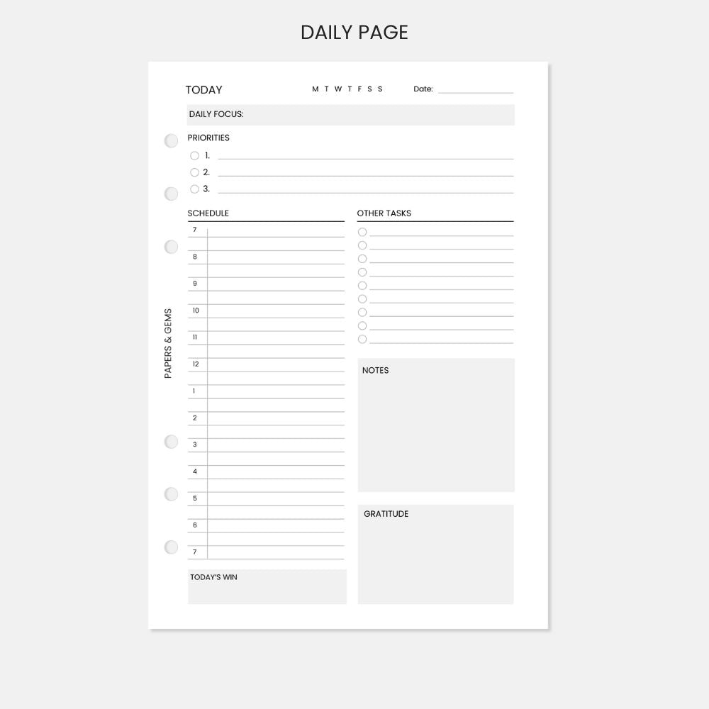Daily planner page with various sections on a white background
