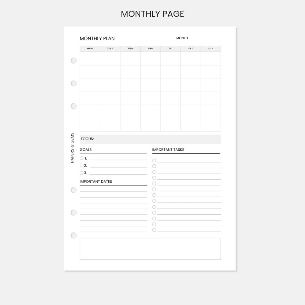 Monthly planning page with columns for dates, tasks, and notes on a white background