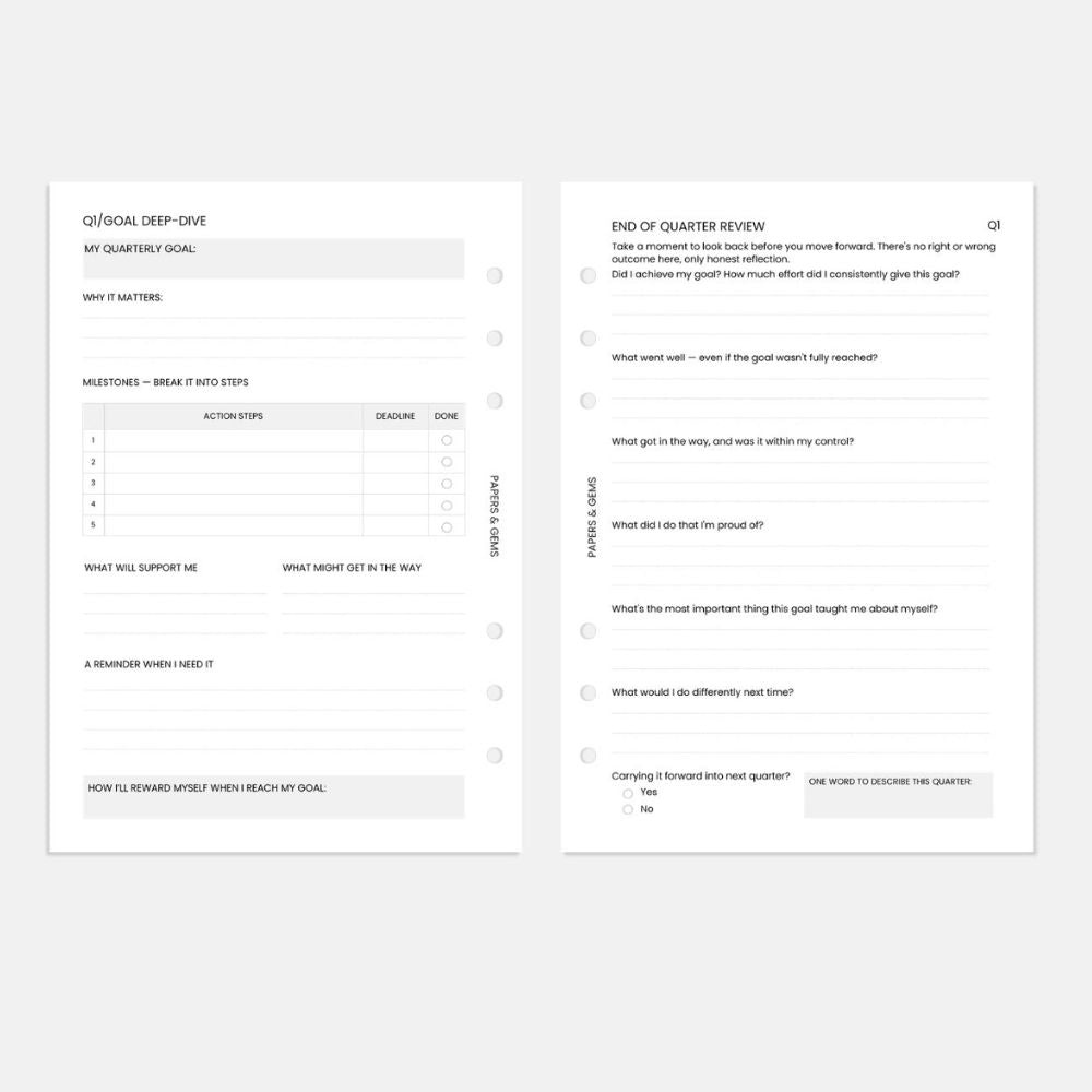 A5 Quarterly Goal Planning Inserts - For 6-Ring Binder