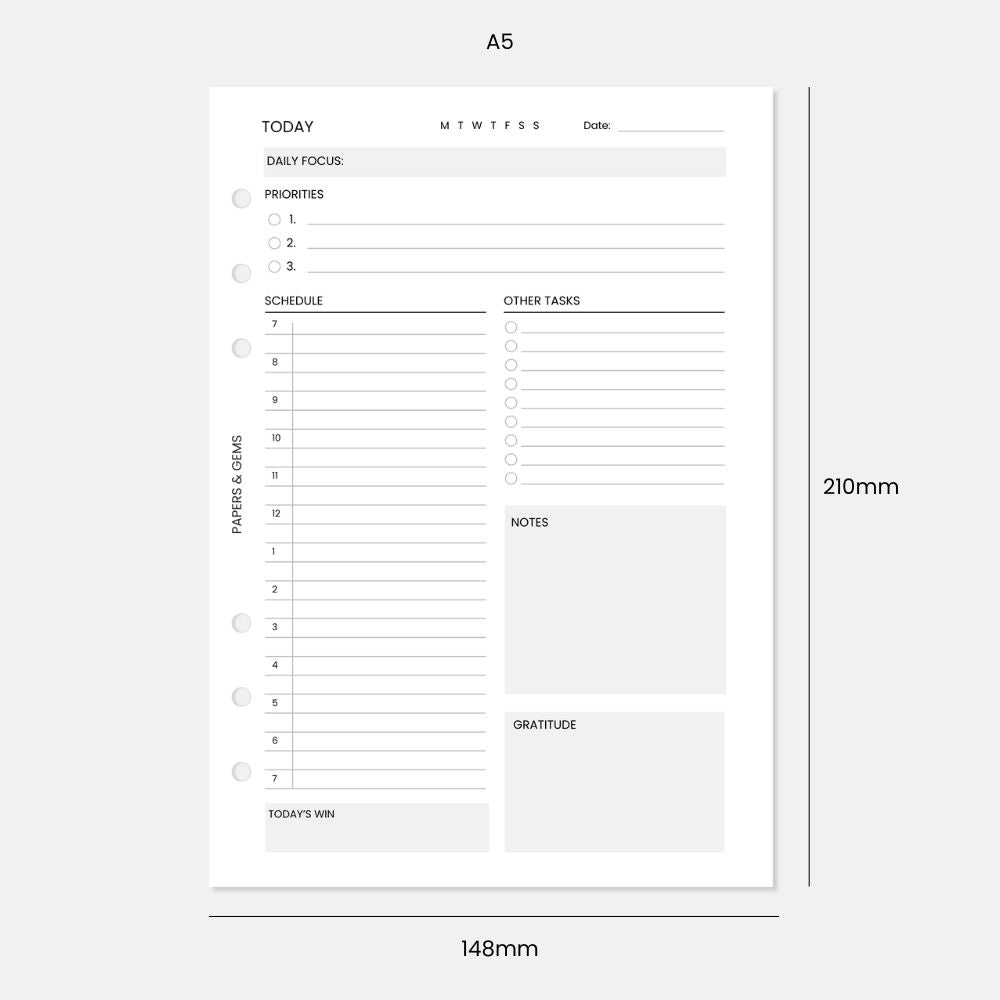 A5 Daily Planner Inserts - 90 Undated Days (45 Sheets) - For 6 Ring Binder