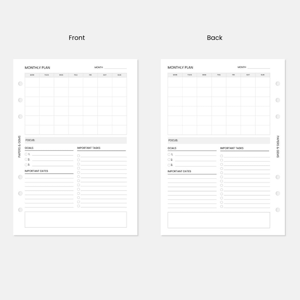 A5 Monthly Planner Inserts - 12 Undated Months (6 Sheets) - For 6-Ring Binder