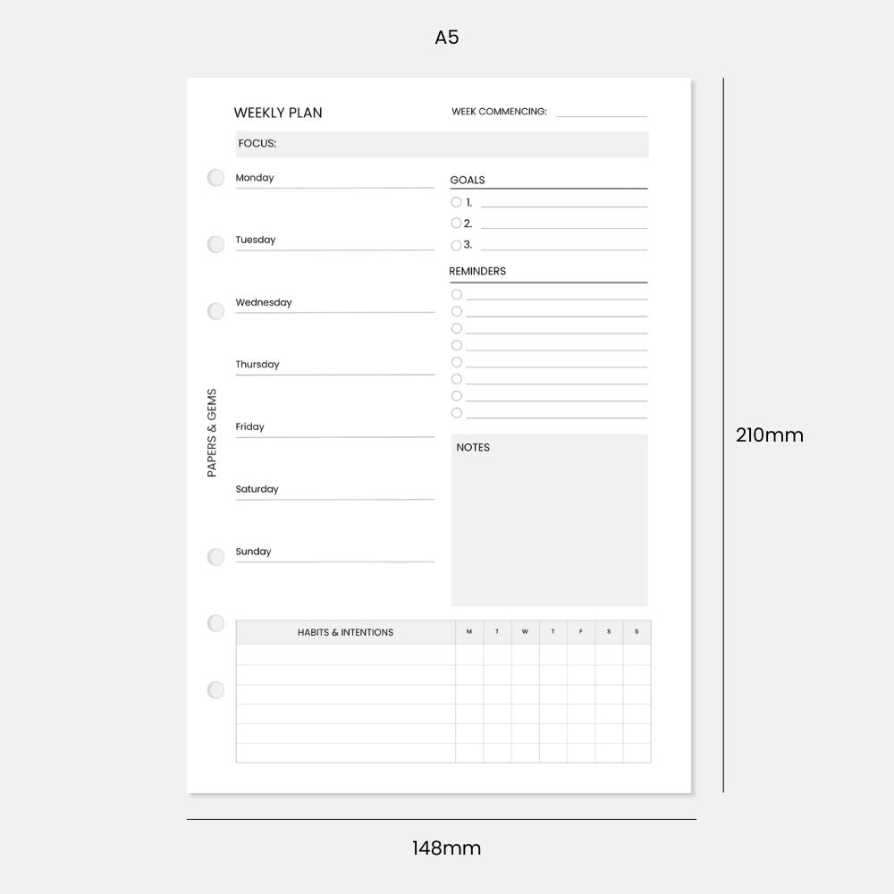 A5 Weekly Planner Inserts - 6 Undated Months/24 Weeks (13 Sheets) - For 6-Ring Binder