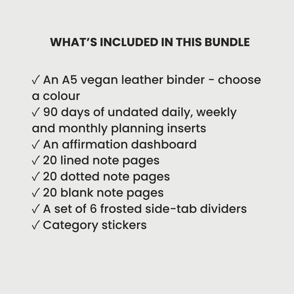 A checklist on a light gray background detailing what is included in a bundle: an A5 vegan leather binder in a chosen color, 90 days of undated daily, weekly, and monthly planning inserts, an affirmation dashboard, 20 lined note pages, 20 dotted note pages, 20 blank note pages, a set of 6 frosted side-tab dividers, category stickers, and a dust bag.