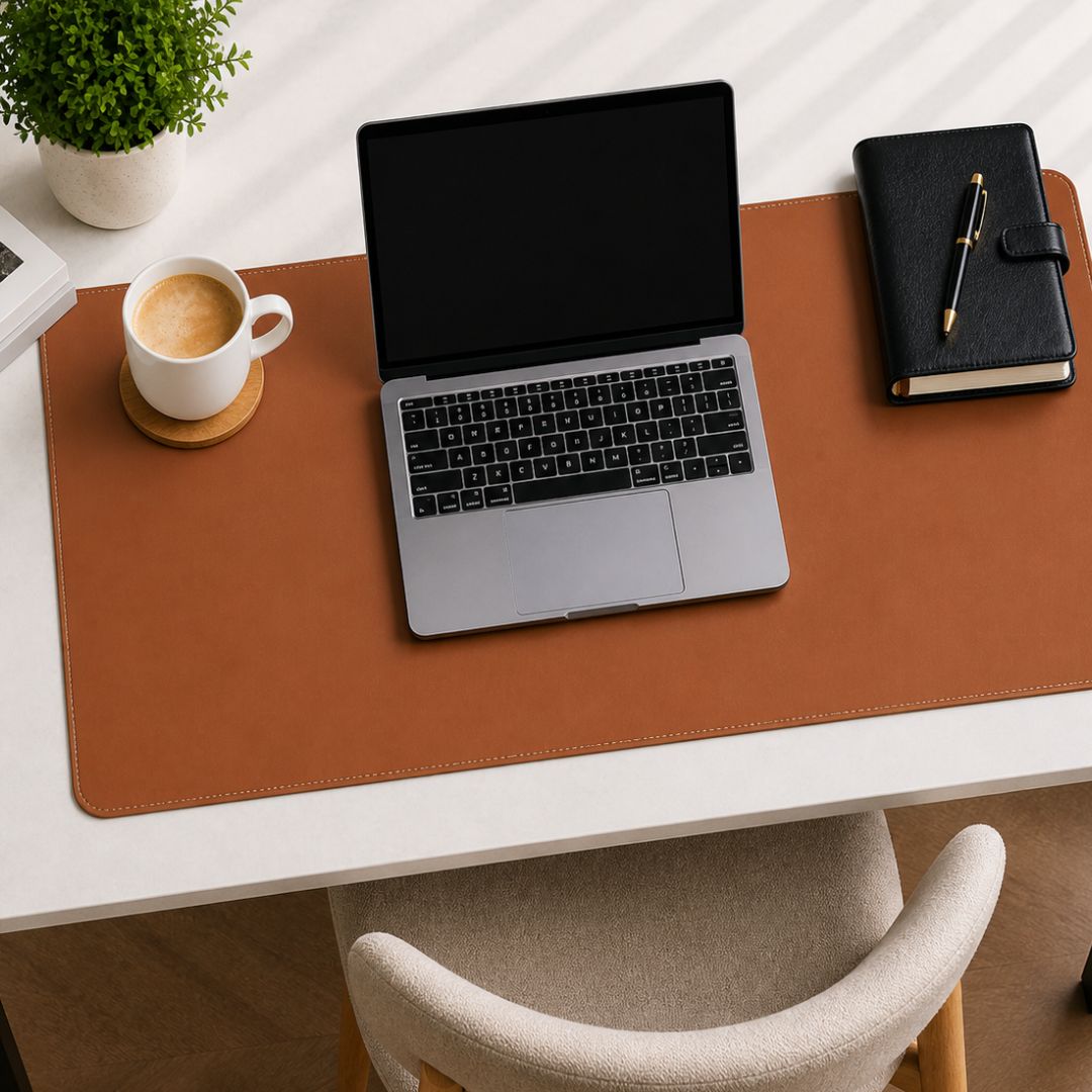 Laptop on a desk with a brown desk mat, notebook, pen, and a cup of coffee