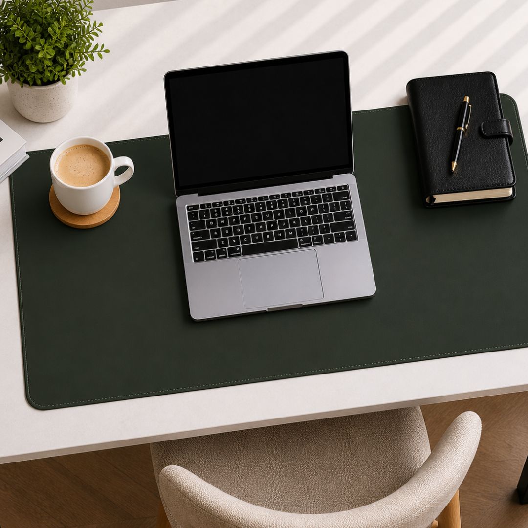 Laptop on a desk with a dark green desk mat, notebook, pen, and a cup of coffee