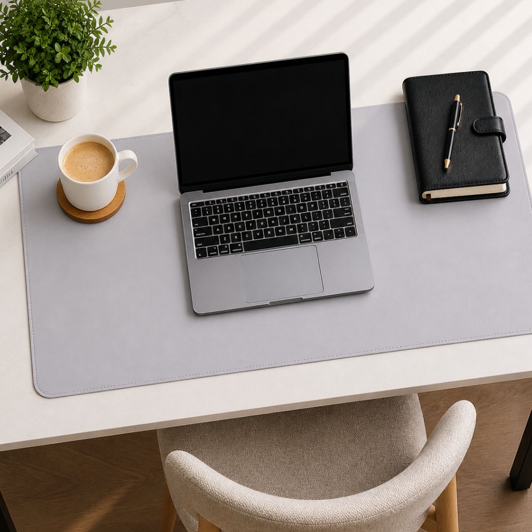Laptop on a desk with a grey desk mat, notebook, pen, and a cup of coffee