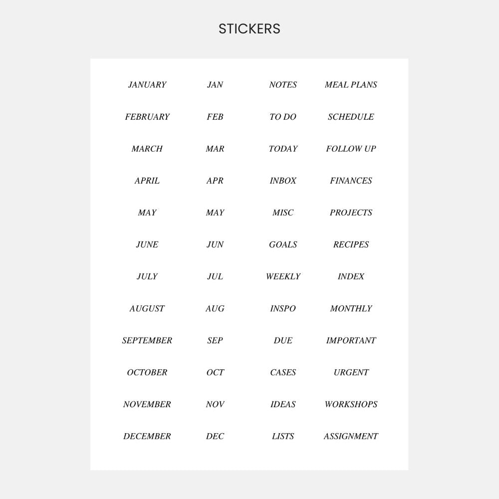 Sheet of stickers with categories and corresponding text on a white background