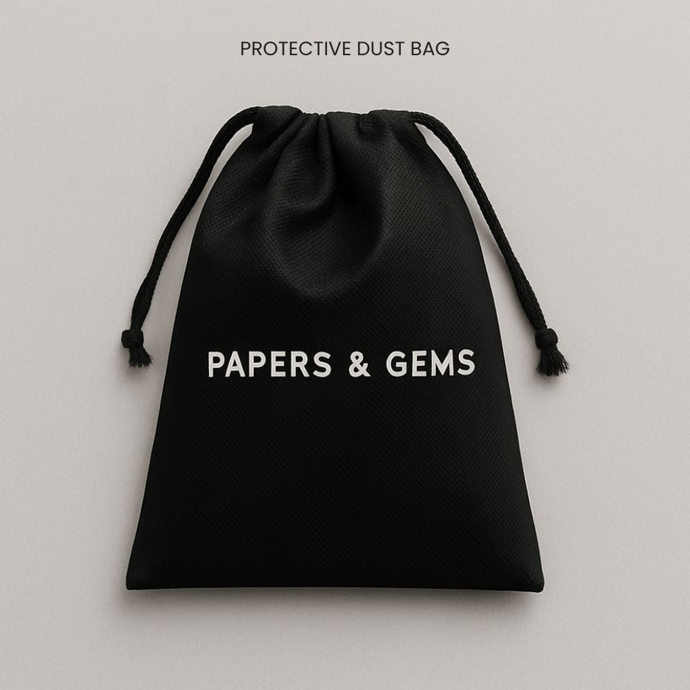 Black drawstring planner protective bag with 'Papers & Gems' text on a light grey background