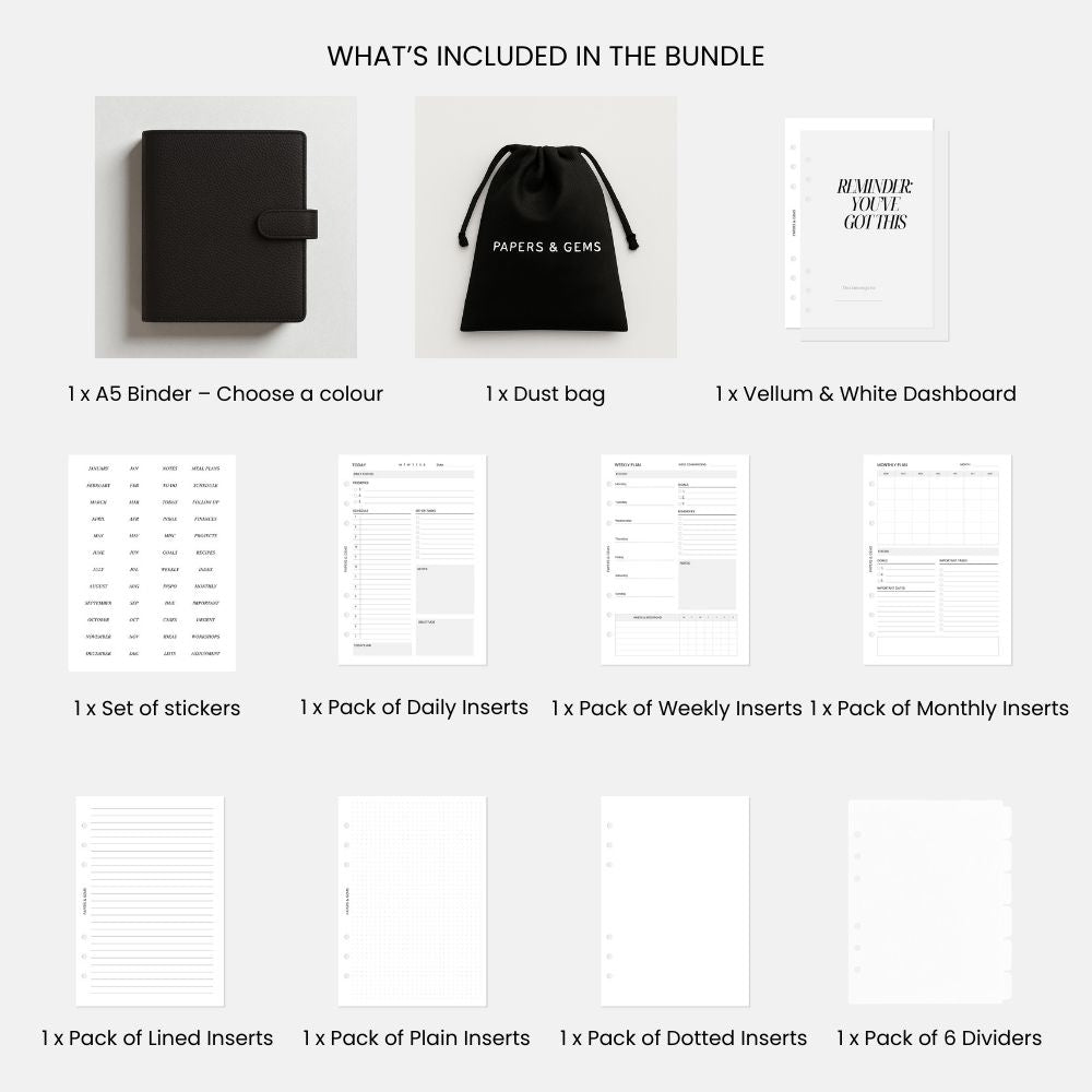 Product bundle with A5 binder, dust bag, vellum & white dashboard, and various inserts on a white background