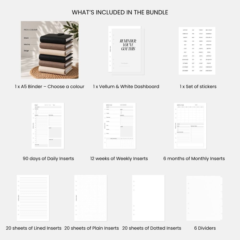 Agenda bundle with A5 binder, vellum & white dashboard, and planning inserts on a white background
