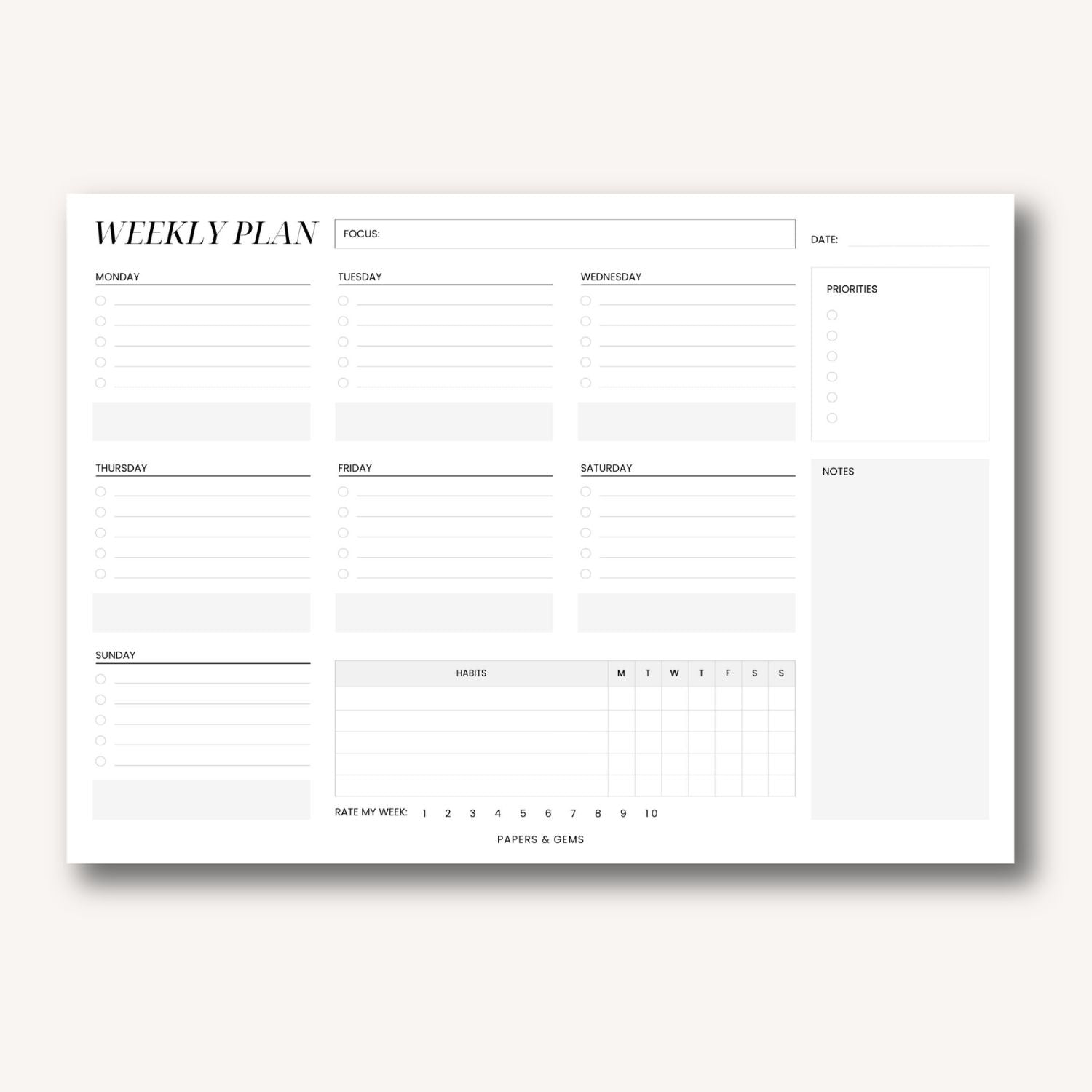 Weekly planner pad with days of the week and space for notes on a white background