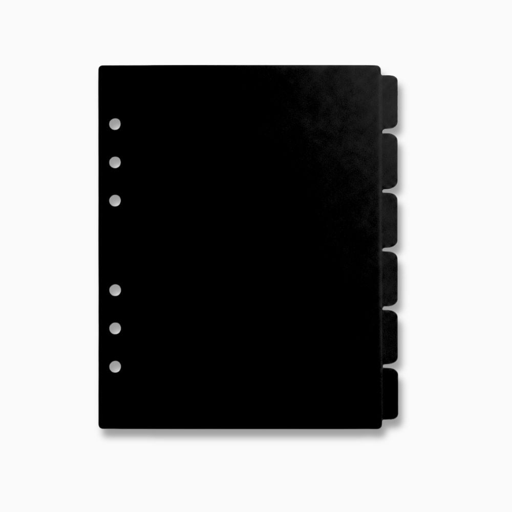 A set of 6 A5 black dividers with 6 holes, for use with an A5 Agenda binder, shown on a clean white background.