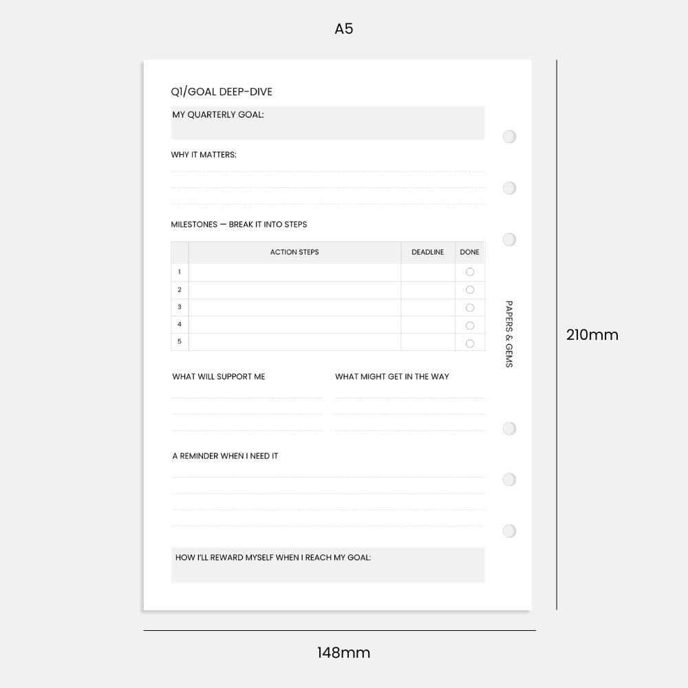 A5 Quarterly Goal Planning Inserts - For 6-Ring Binder