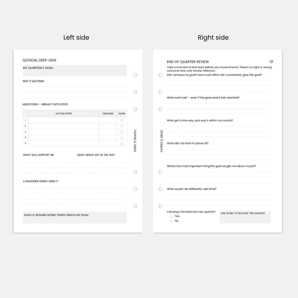 A5 Quarterly Goal Planning Inserts - For 6-Ring Binder