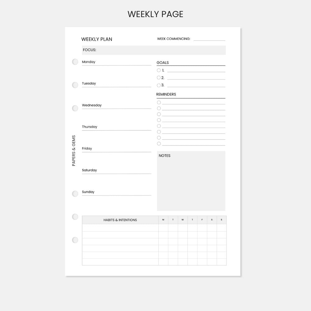 Weekly planner page with various sections on a white background