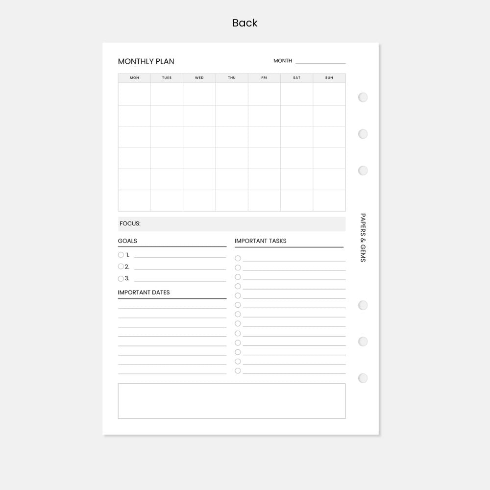 A5 Monthly Planner Inserts - 12 Undated Months (6 Sheets) - For 6-Ring Binder
