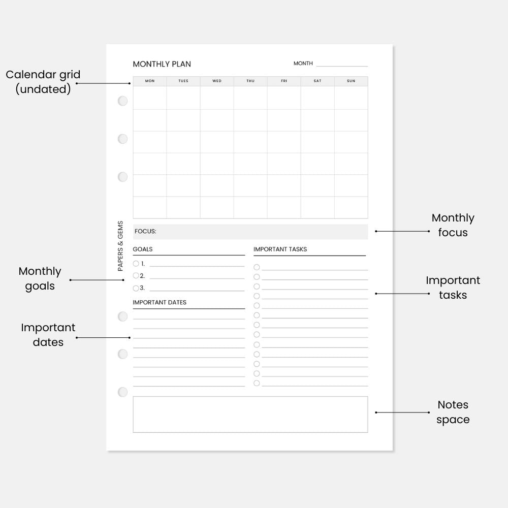 A5 Monthly Planner Inserts - 12 Undated Months (6 Sheets) - For 6-Ring Binder