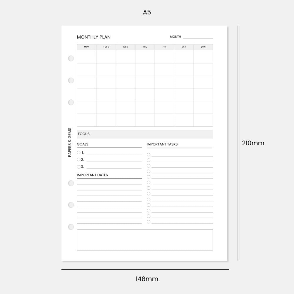 A5 Monthly Planner Inserts - 12 Undated Months (6 Sheets) - For 6-Ring Binder