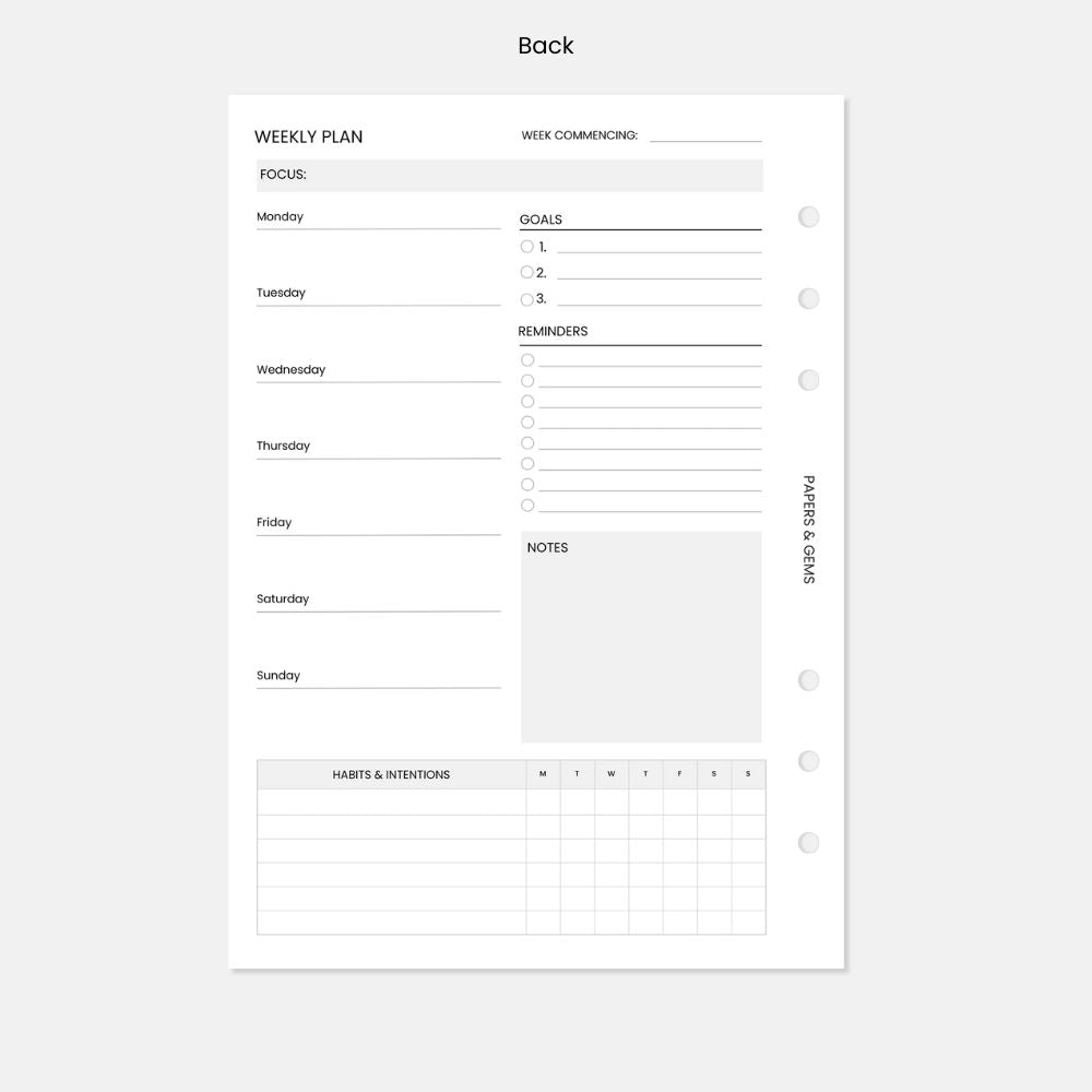 A5 Weekly Planner Inserts - 6 Undated Months/24 Weeks (13 Sheets) - For 6-Ring Binder