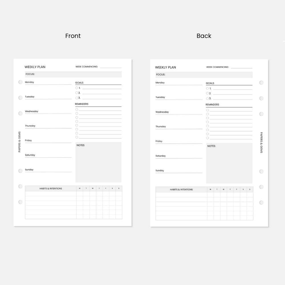 A5 Weekly Planner Inserts - 6 Undated Months/24 Weeks (13 Sheets) - For 6-Ring Binder