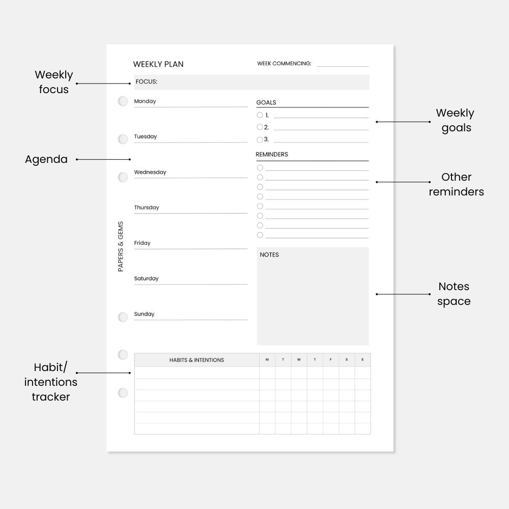 A5 Weekly Planner Inserts - 6 Undated Months/24 Weeks (13 Sheets) - For 6-Ring Binder