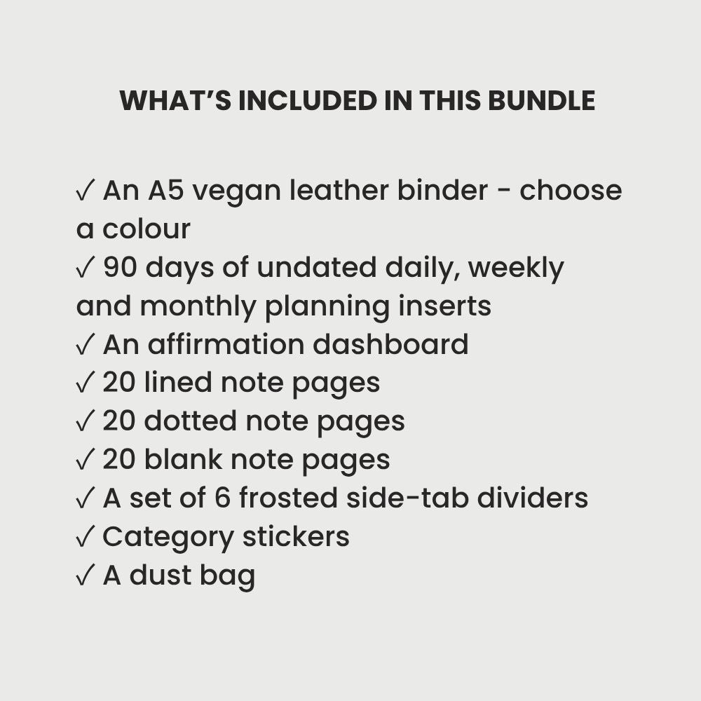 A checklist on a light gray background detailing what is included in a bundle: an A5 vegan leather binder in a chosen color, 90 days of undated daily, weekly, and monthly planning inserts, an affirmation dashboard, 20 lined note pages, 20 dotted note pages, 20 blank note pages, a set of 6 frosted side-tab dividers, category stickers, and a dust bag.