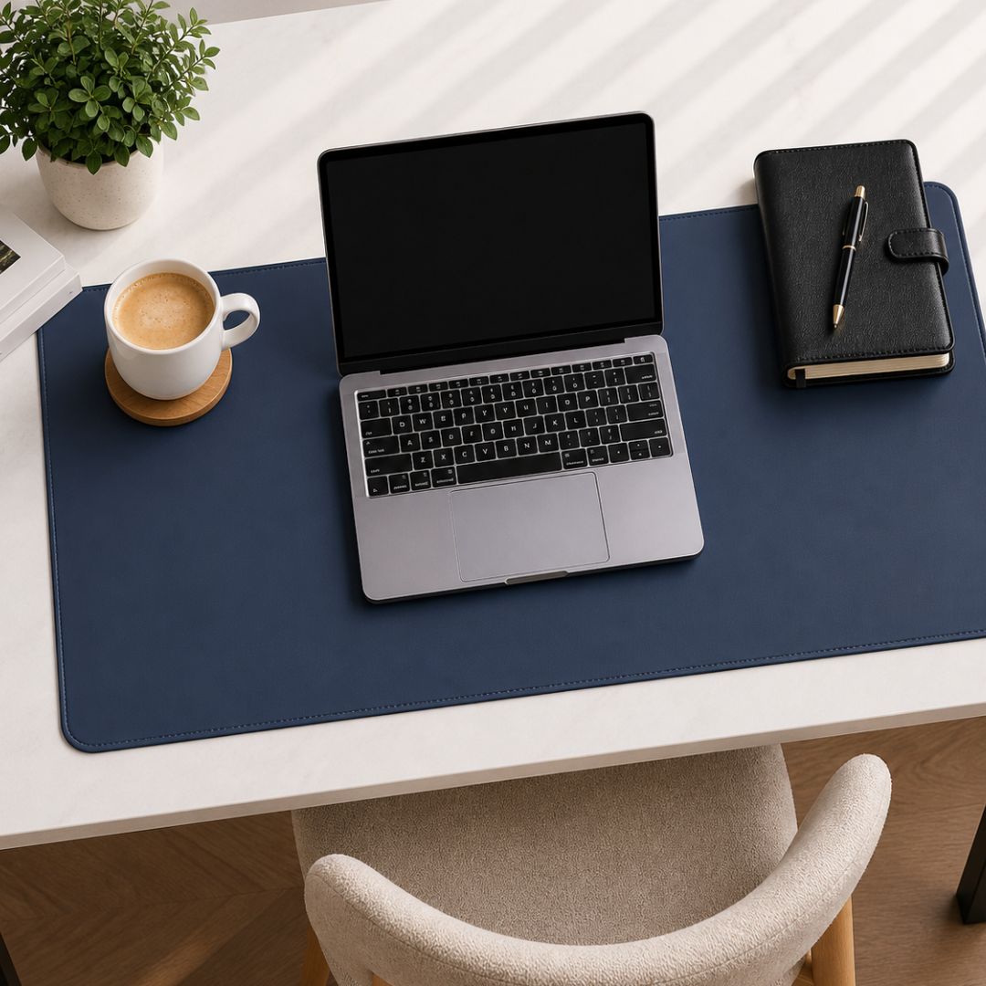 Laptop on a desk with a navy blue desk mat, notebook, pen, and a cup of coffee