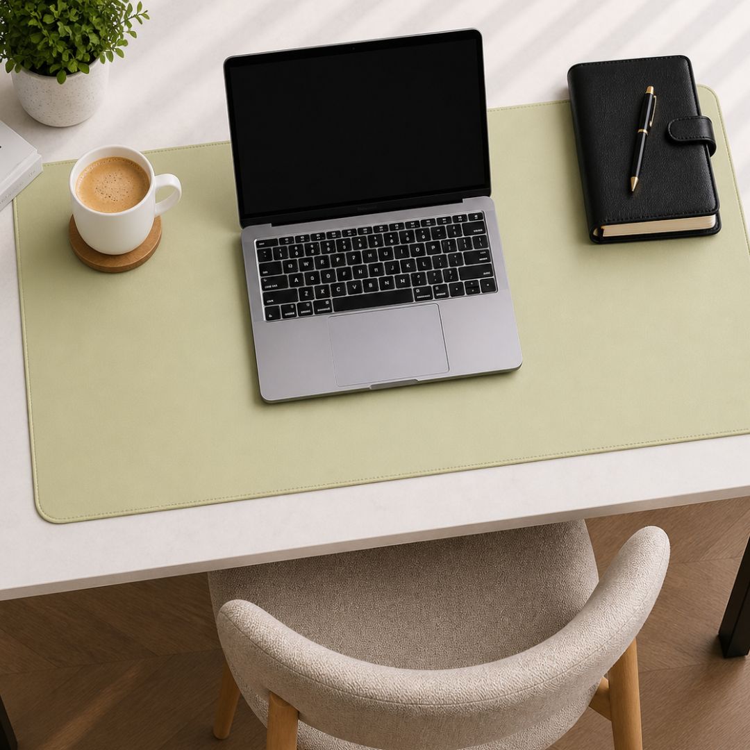 Laptop on a desk with a matcha green desk mat, notebook, pen, and a cup of coffee