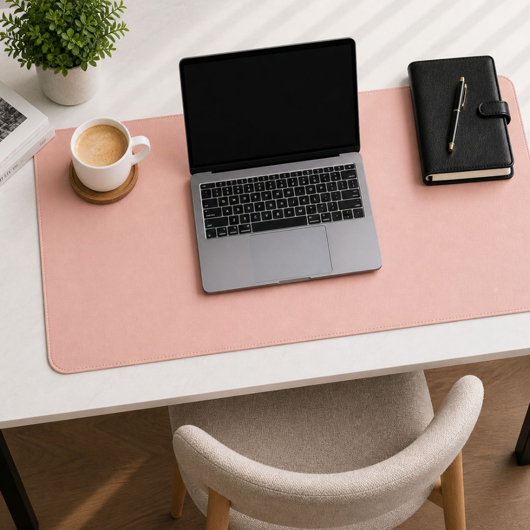 Laptop on a desk with a pink desk mat, notebook, pen, and a cup of coffee