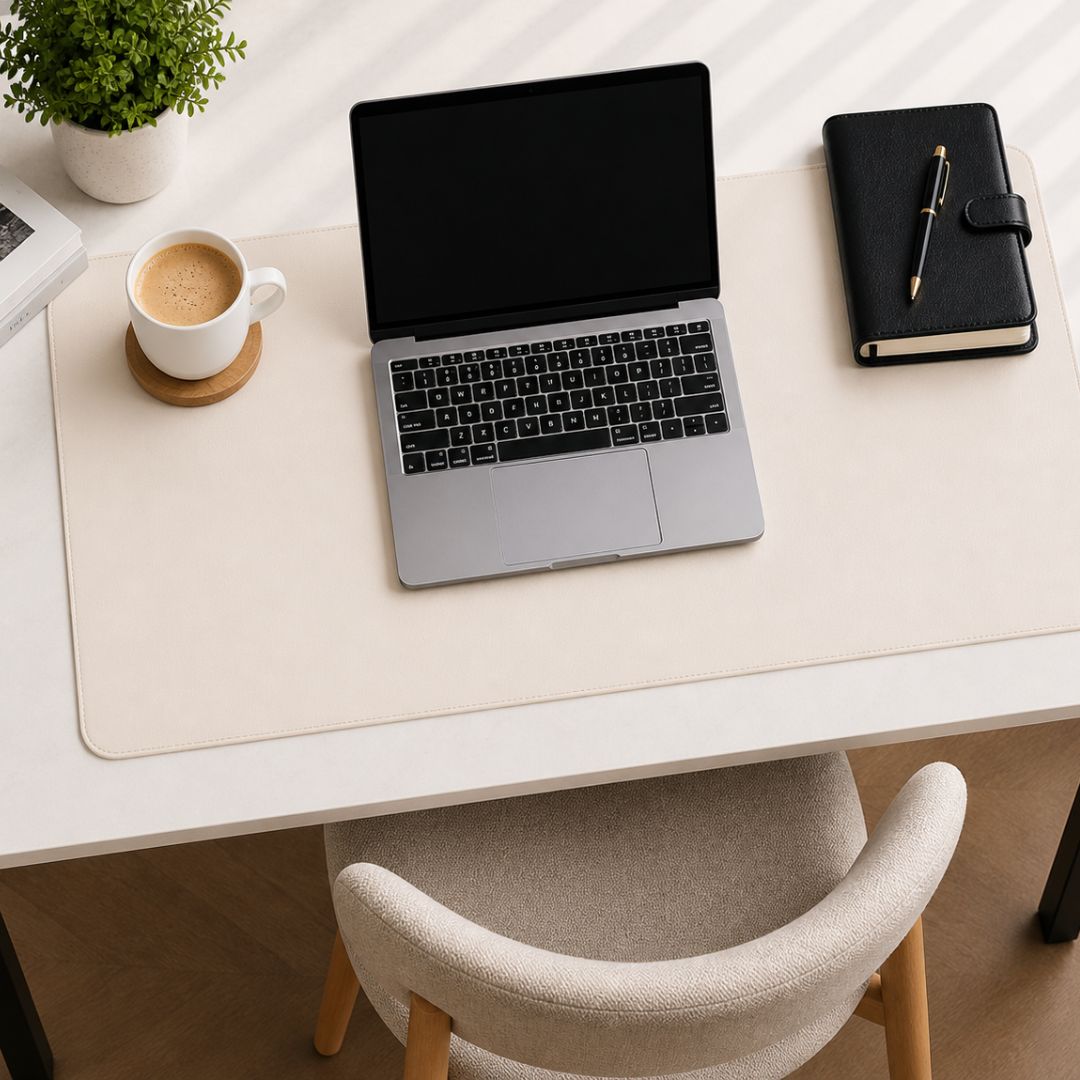 Laptop on a desk with a white desk mat, notebook, pen, and a cup of coffee